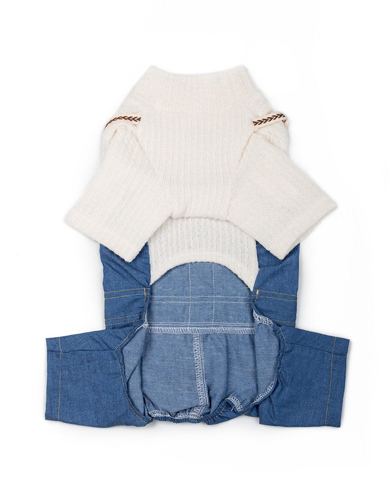 Dog white knit top with denim jumpsuit outfit- pet clothes