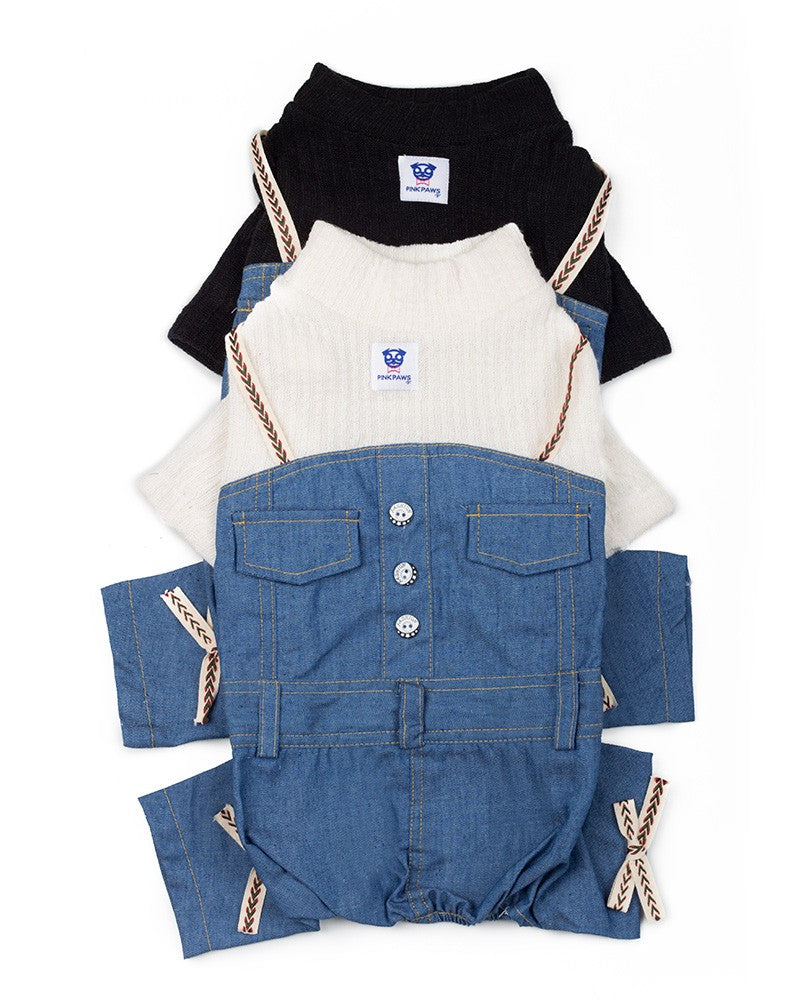 Dog knit top with denim jumpsuit outfit- pet clothes