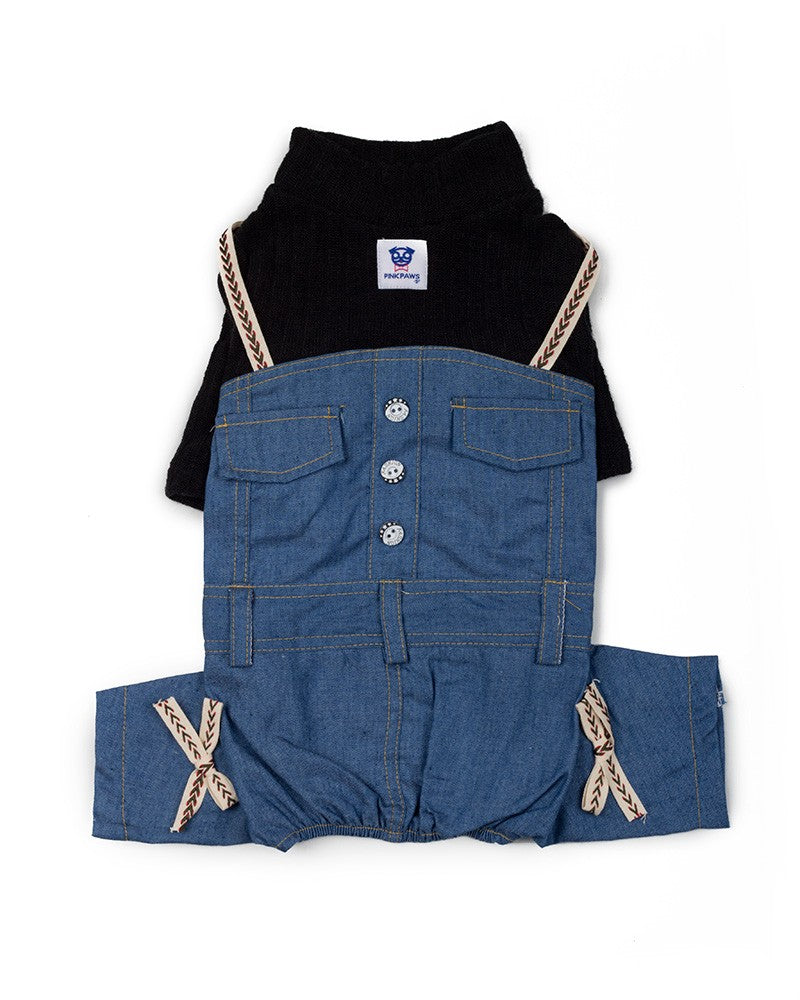 Dog knit top with denim jumpsuit outfit- pet clothes