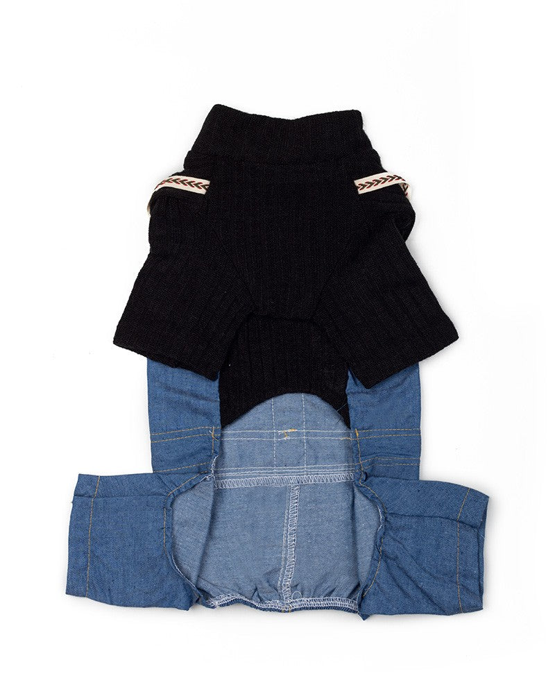 Dog black knit top with denim jumpsuit outfit- pet clothes