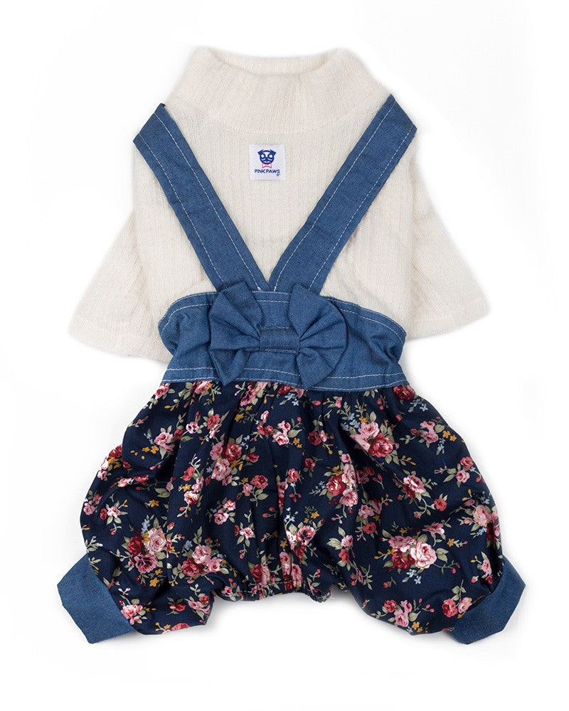 Dog denim jumpsuit with sweater top- pinkpaws