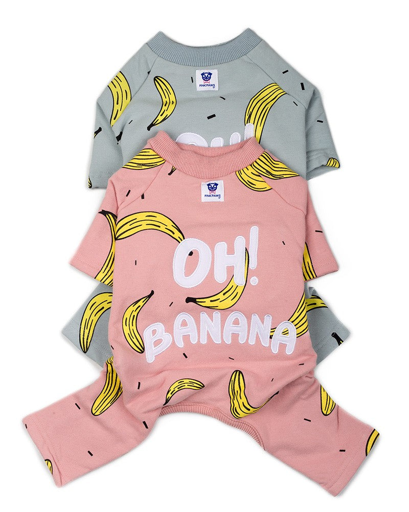Cute dog jumpsuit with banana print in pink and grey colors