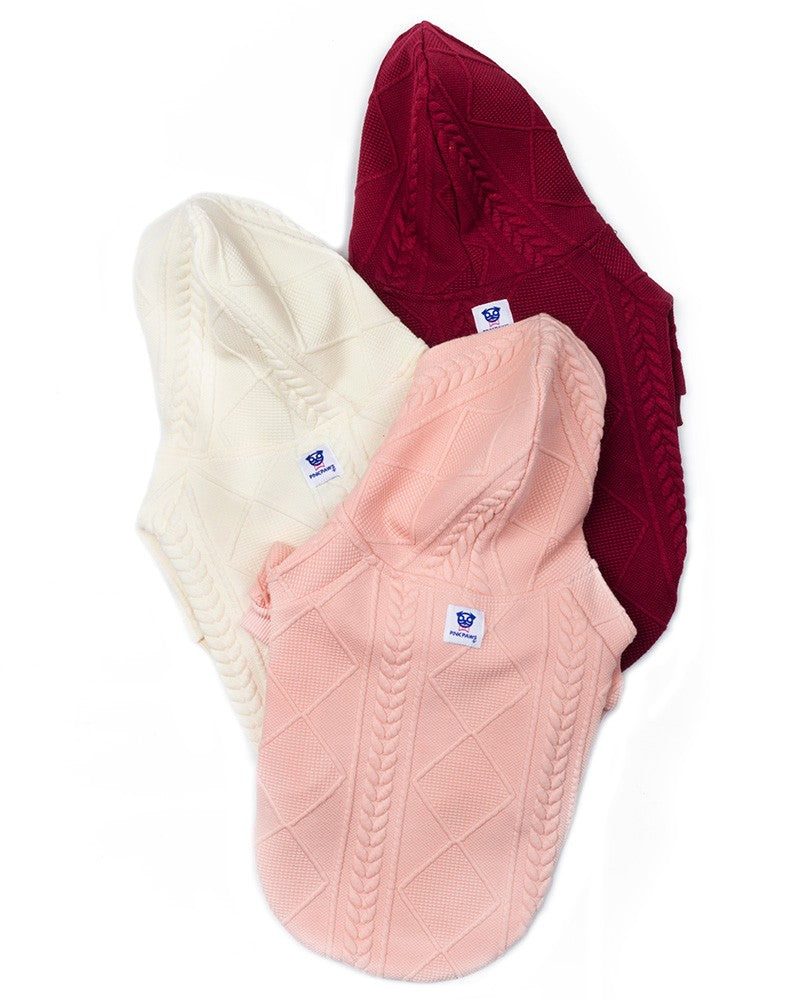 Πλεκτή ζακέτα για σκύλους σε μπεζ, μπορντό, ροζ χρώμα με κουκούλα- Pinkpaws