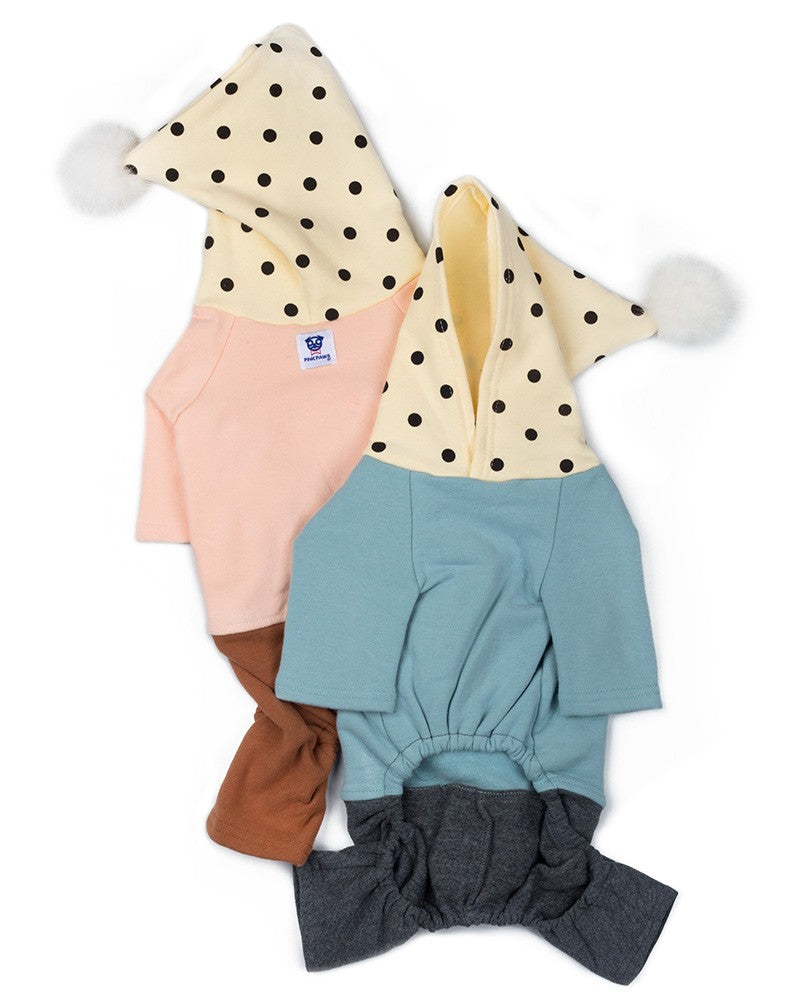 Φορμάκι σκύλου με πουά  κουκούλα και pom- pom σε ροζ και γαλάζιο