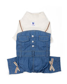 Dog white knit top with denim jumpsuit outfit- pet clothes