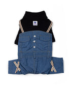 Dog knit top with denim jumpsuit outfit- pet clothes