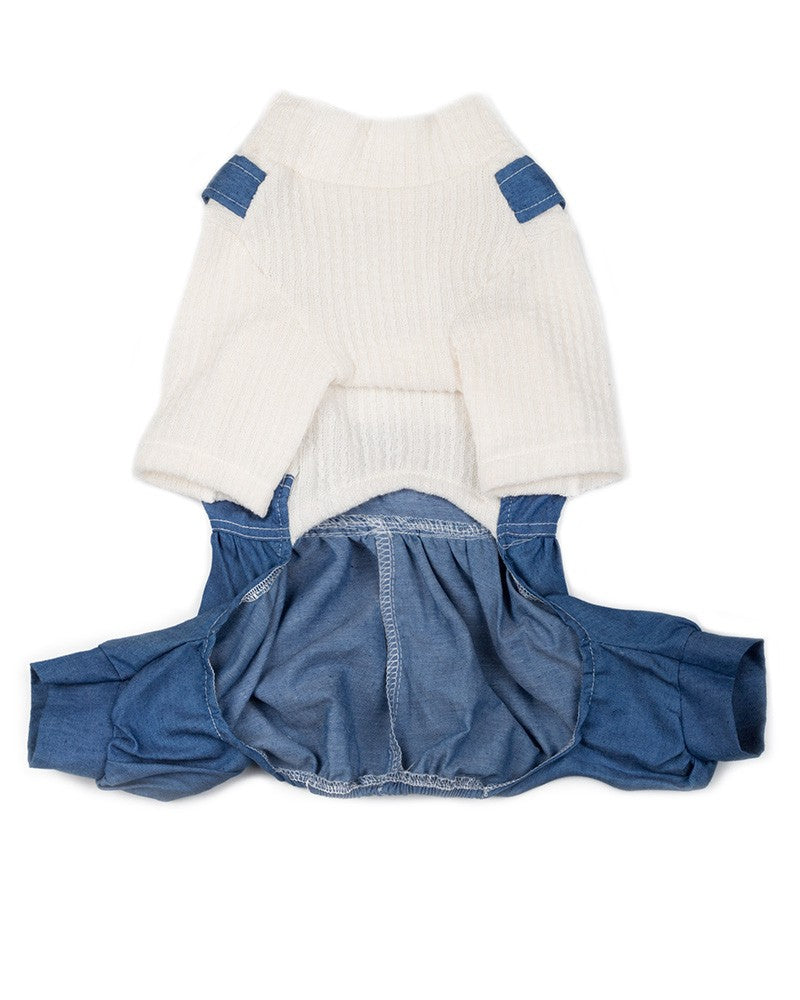Dog denim jumpsuit with sweater top- pinkpaws