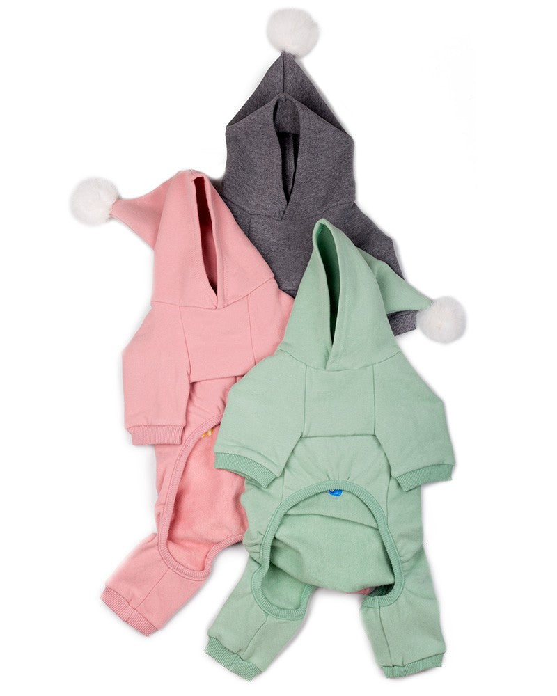 Φορμάκι σκύλου με κουκούλα και pom-pom σε πράσινο, ροζ και γκρι  χρώμα