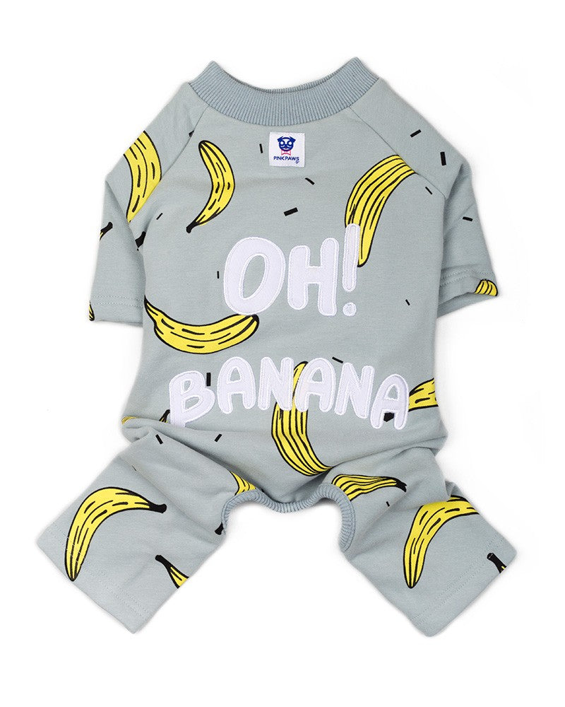 Light blue dog jumpsuit with banana pattern