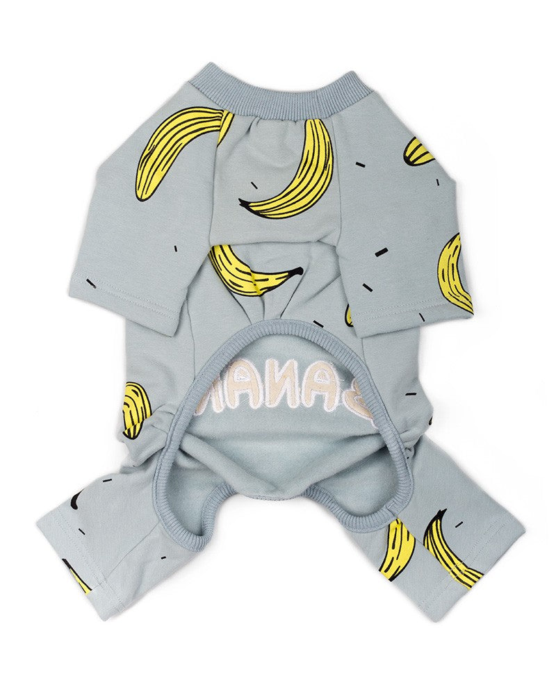Light blue dog jumpsuit with banana pattern
