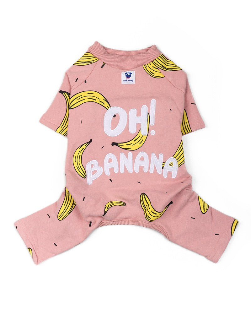 Pink dog jumpsuit with banana pattern