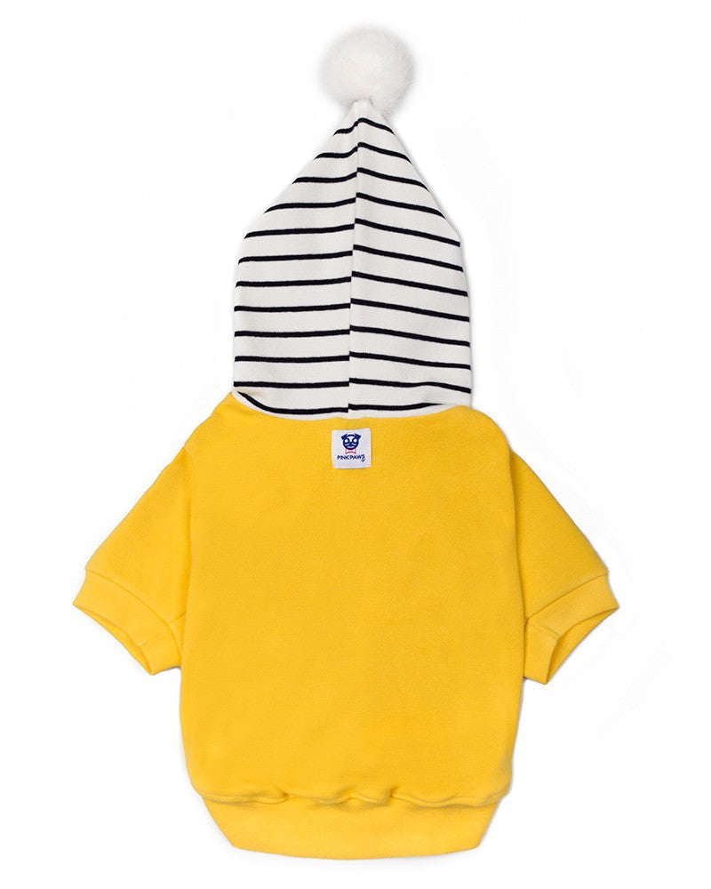 dog hoodie with striped hood in yellow -pinkpaws