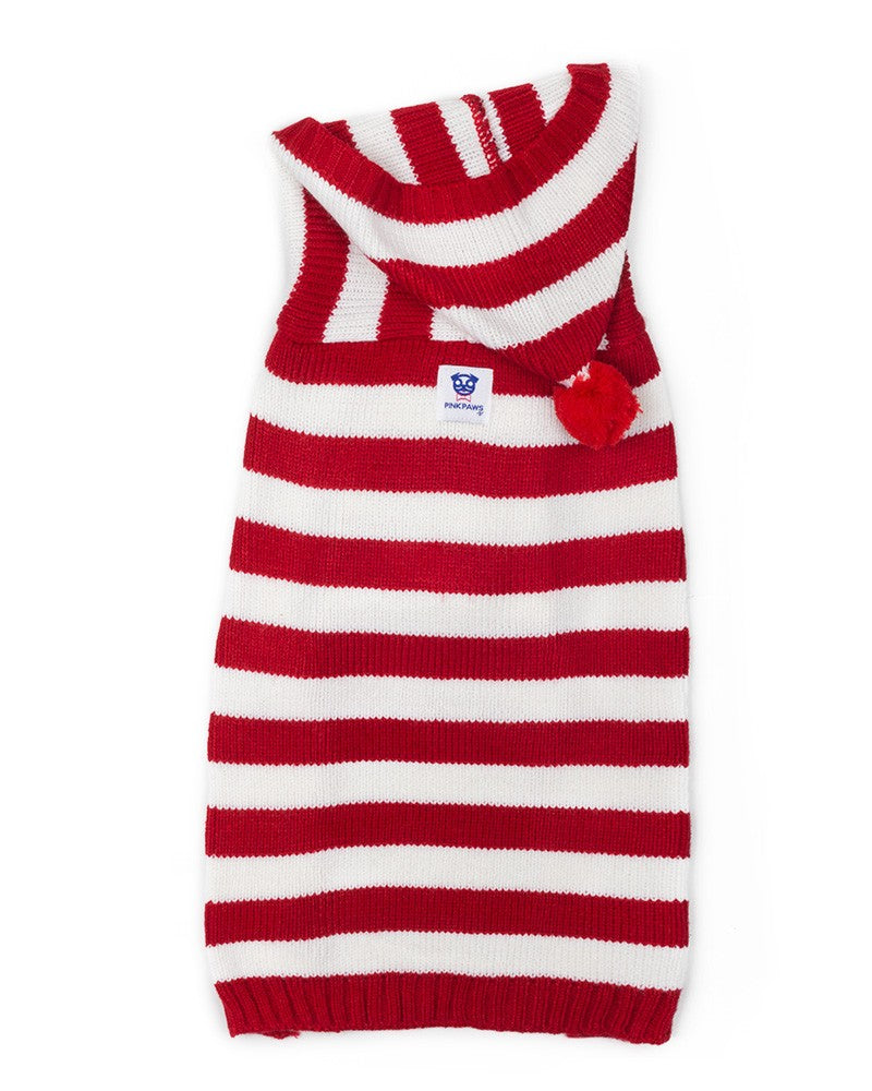 Πλεκτό ριγέ πουλόβερ σκύλου με κουκούλα σε κόκκινο