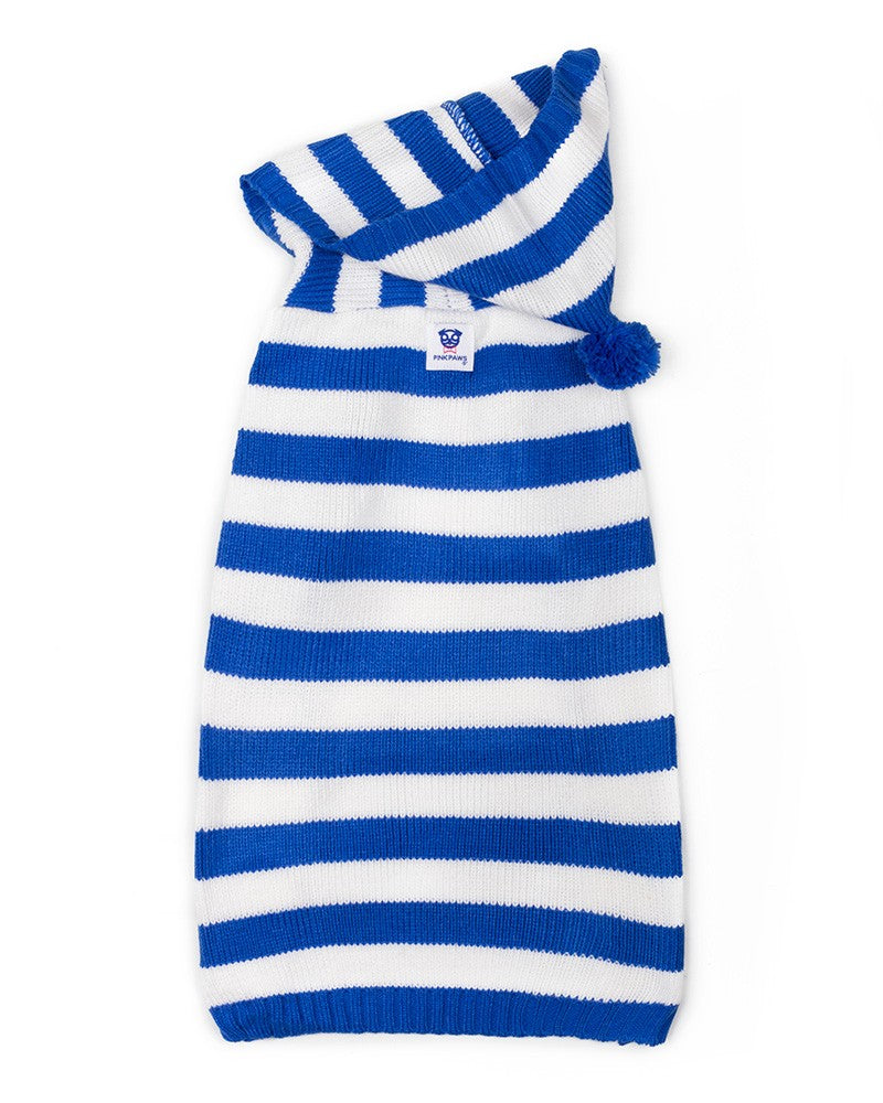 Πλεκτό ριγέ πουλόβερ σκύλου με κουκούλα σε μπλε