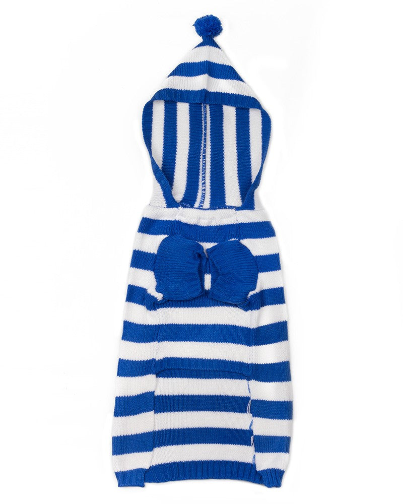 Πλεκτό ριγέ πουλόβερ σκύλου με κουκούλα σε μπλε