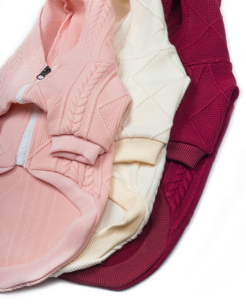 Πλεκτή ζακέτα για σκύλους σε μπεζ, ροζ, μπορντό χρώμα με κουκούλα- Pinkpaws